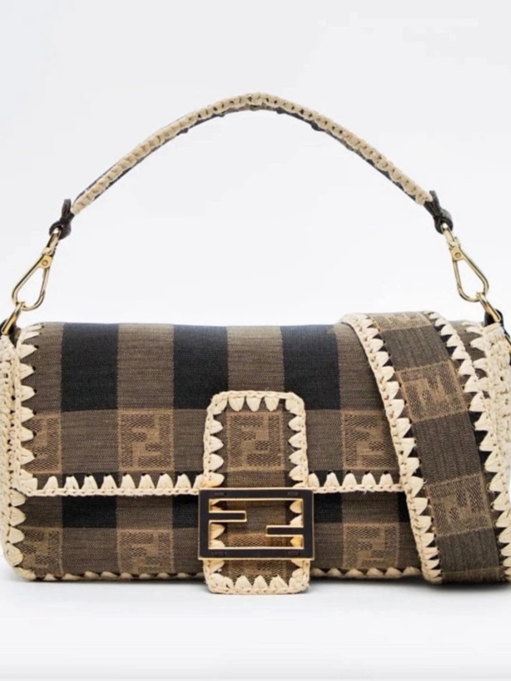 Fendi Pequin Gingham & Raffia Crochet Baguette Shoulder Bag Brown & Black